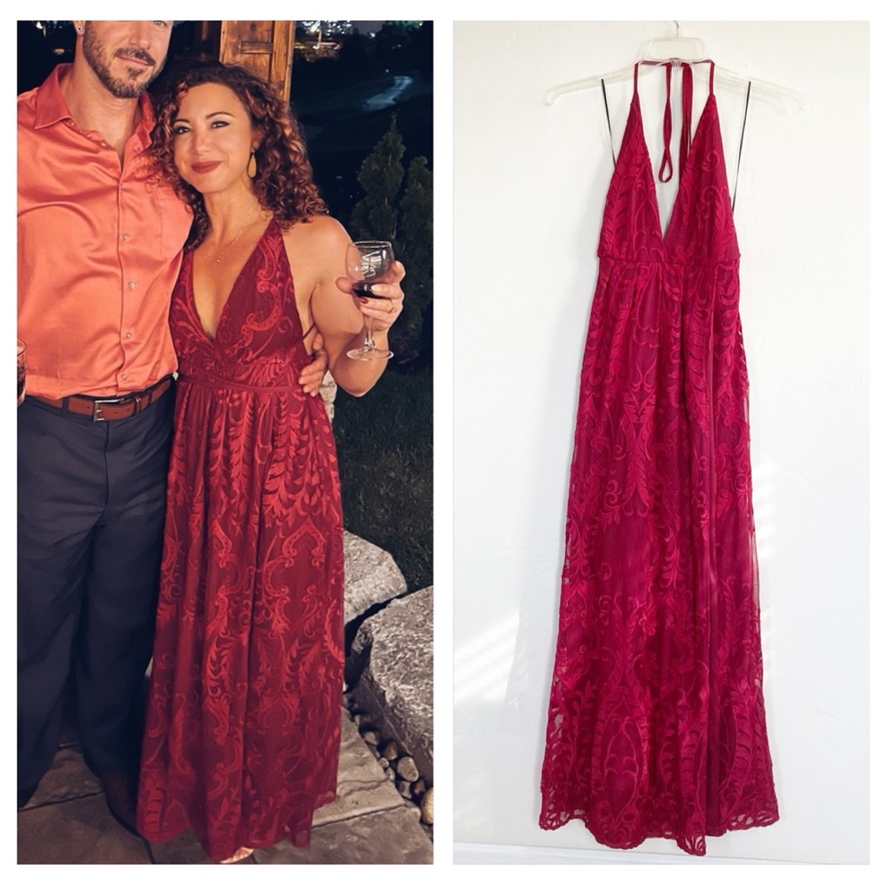 NWT Hello Molly East Atlanta Open Back Lace Maxi Dress High Slit Wine Large